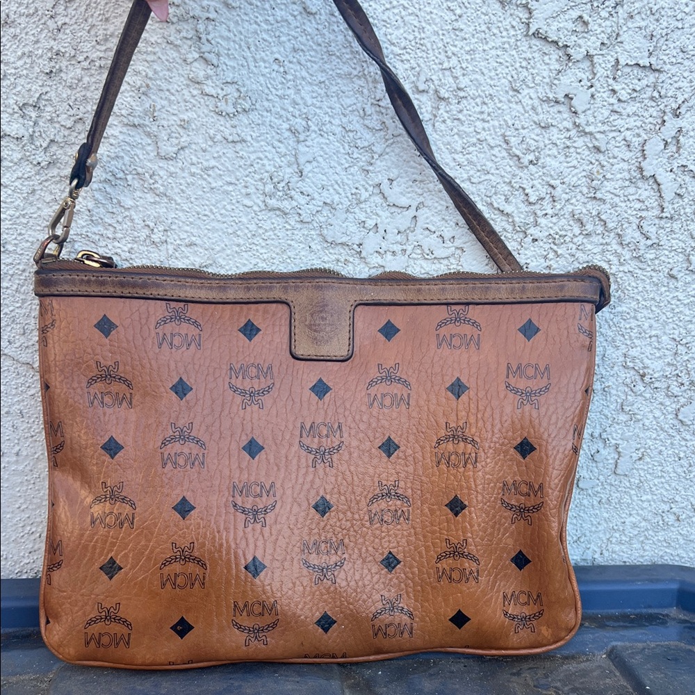 MCM Tan Leather Messenger Bag